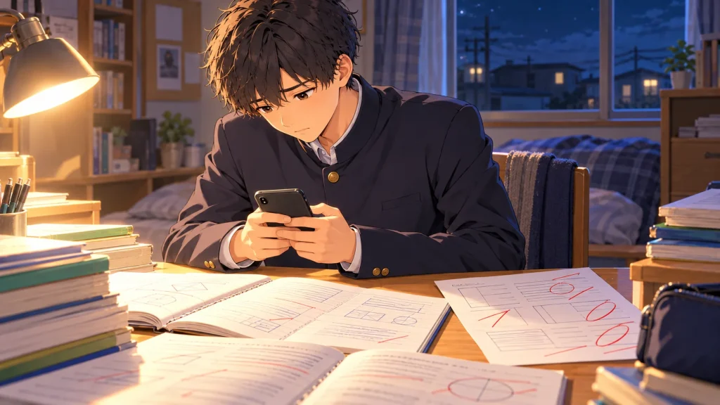 模試の結果を横に置いて、しょんぼりとメッセージを打つ高校生
