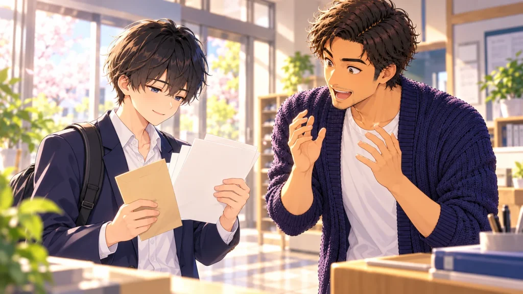 合格の知らせを持って報告に来た生徒と、驚いて喜ぶ塾長