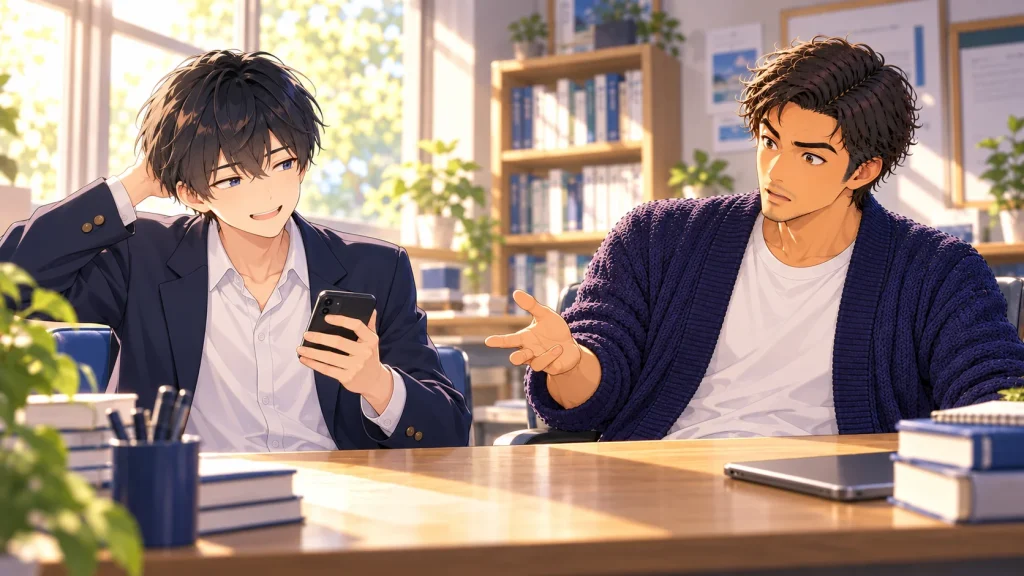 スマホを片手に「試験の直前もゲームしていた」と打ち明ける生徒と、驚く塾長