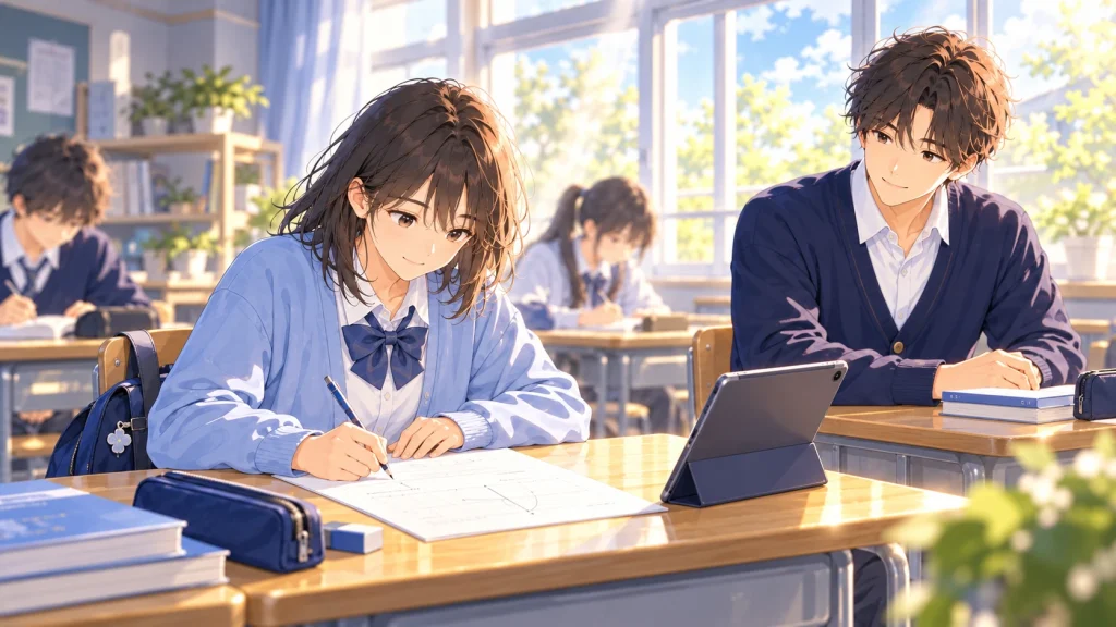 演習プリントに取り組む生徒と、そばで見守る先生のイラスト
