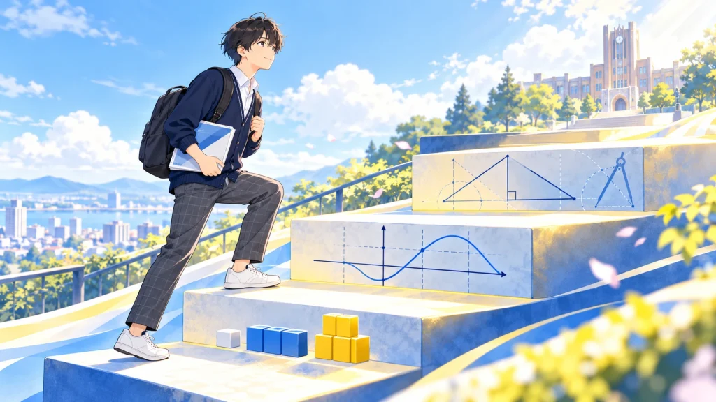 中学の内容を一段ずつ積み上げて、大学へ続く階段を上る高校生のイラスト