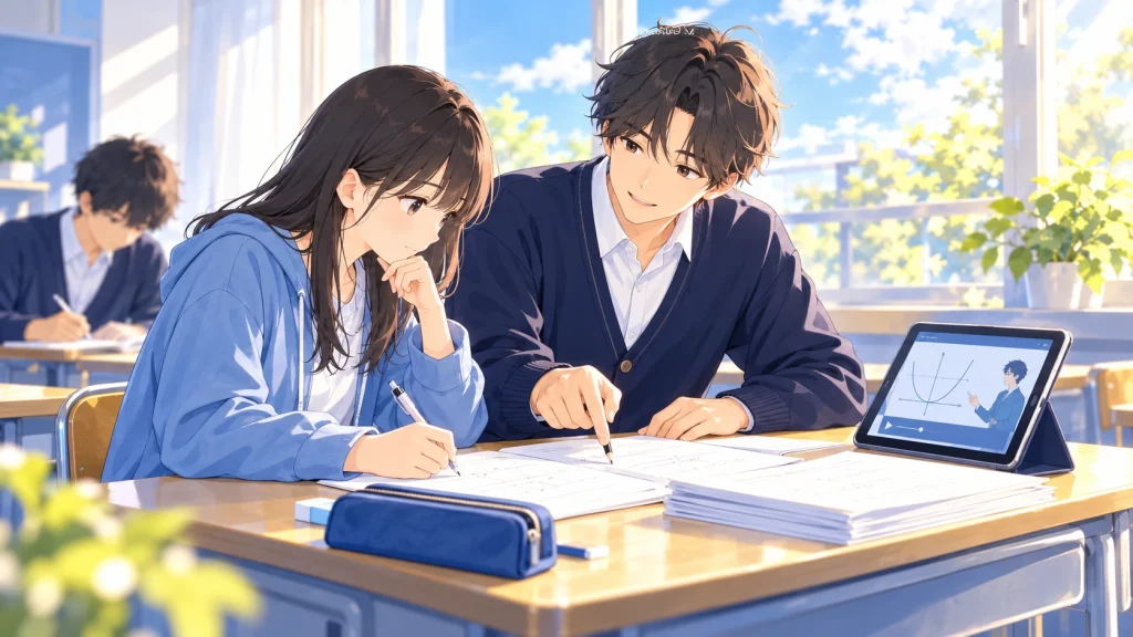 先生にアドバイスをもらいながら演習を進める生徒のイラスト