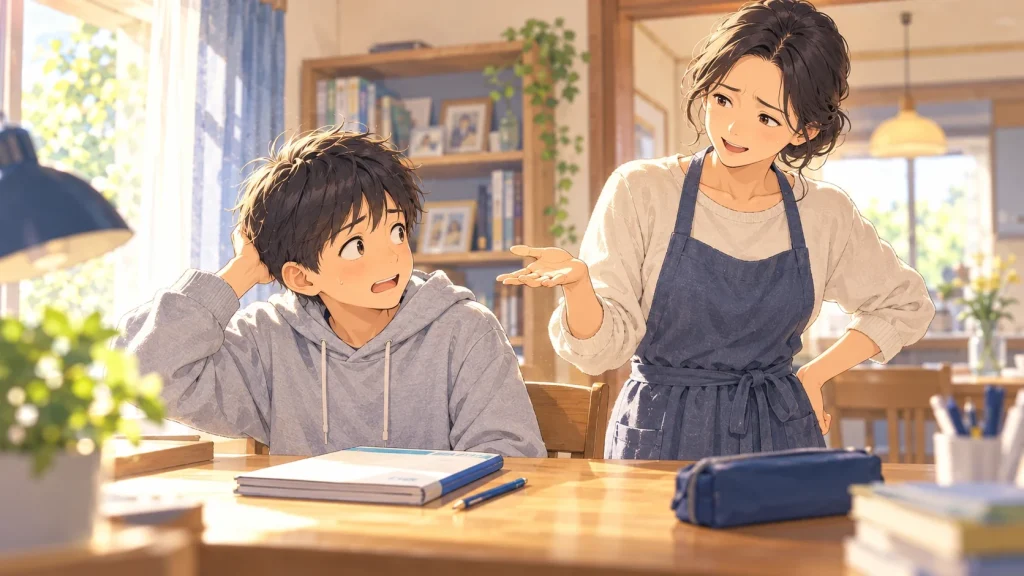 母親に言い返して、たじろぐ少年のイラスト