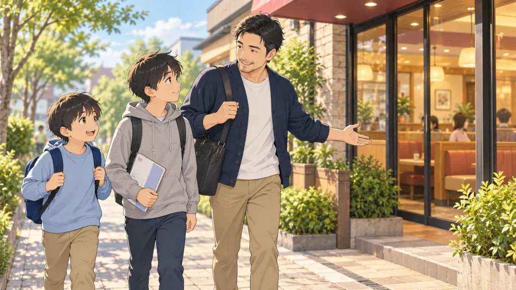 息子たちと一緒に、勉強をしにお店へ向かう父親のイラスト