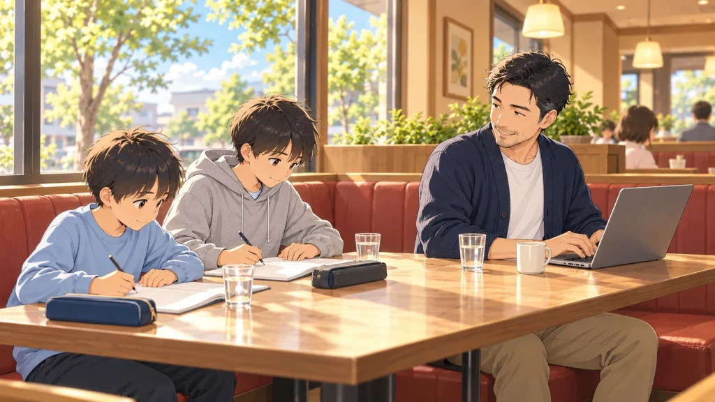 息子たちが勉強する横で、父親もパソコンで作業しているイラスト