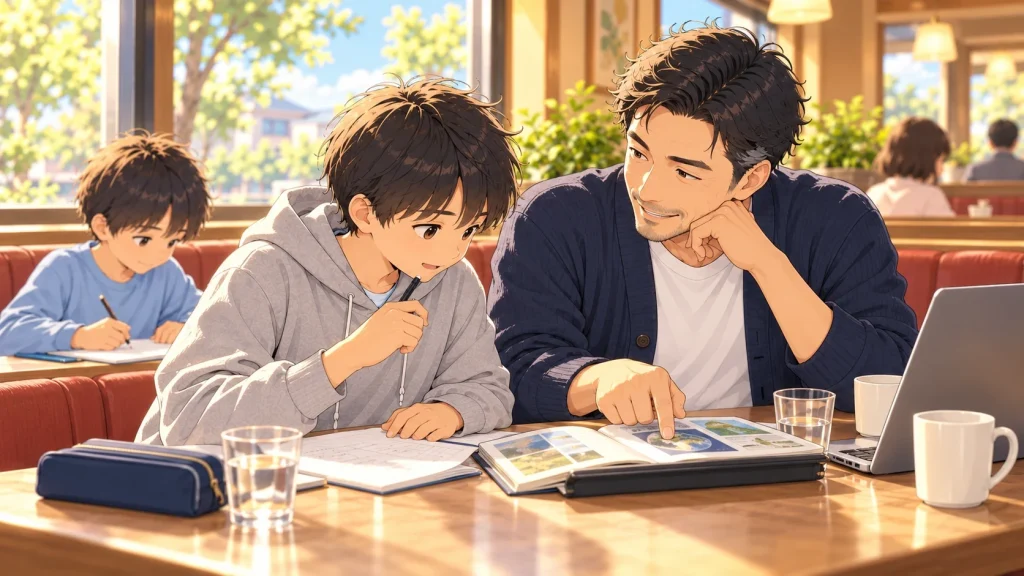 息子が困ったところを、父親が一緒に確かめているイラスト