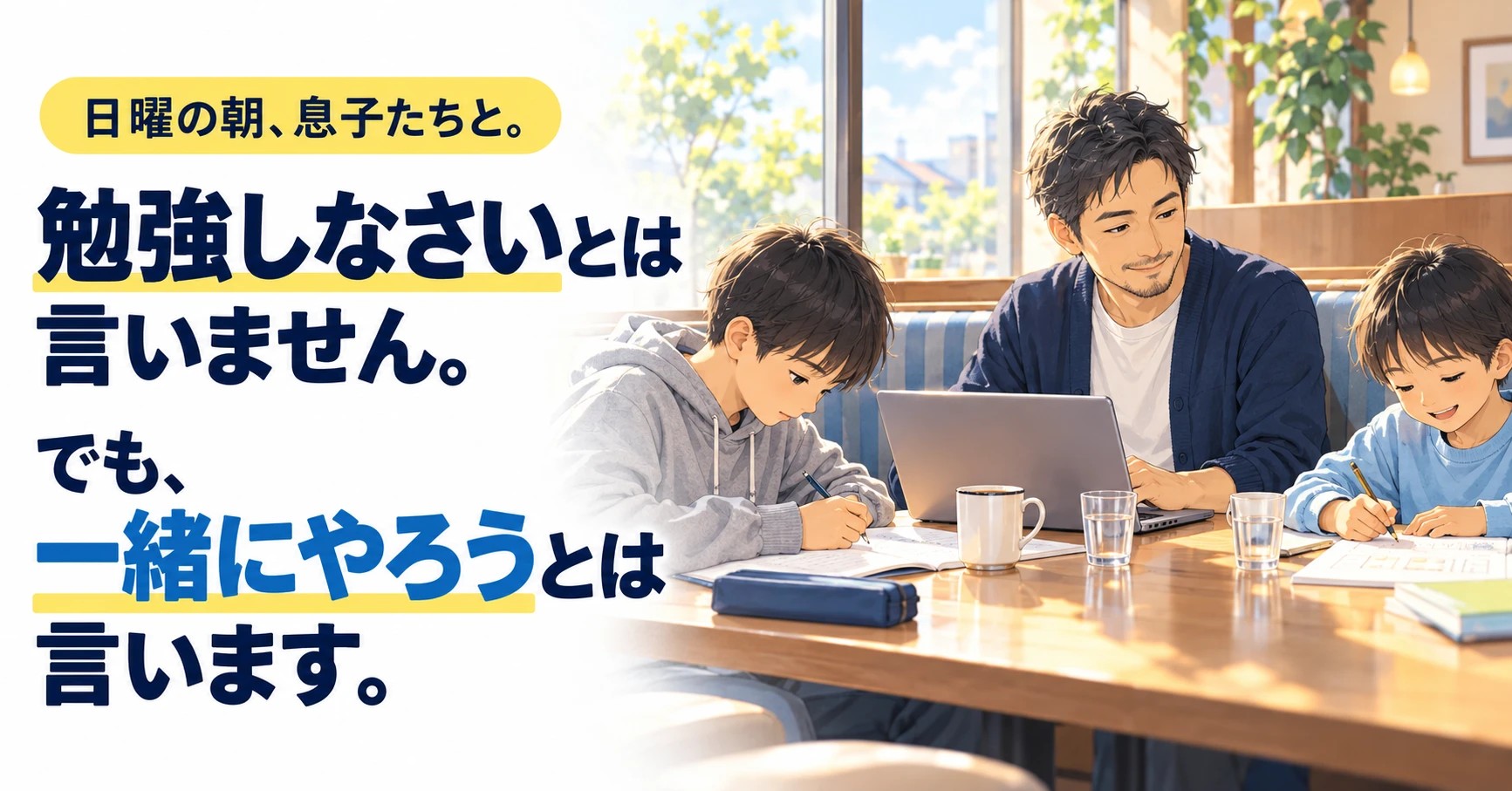 日曜の朝、ファミレスで息子たちと一緒に勉強する父親のイラスト