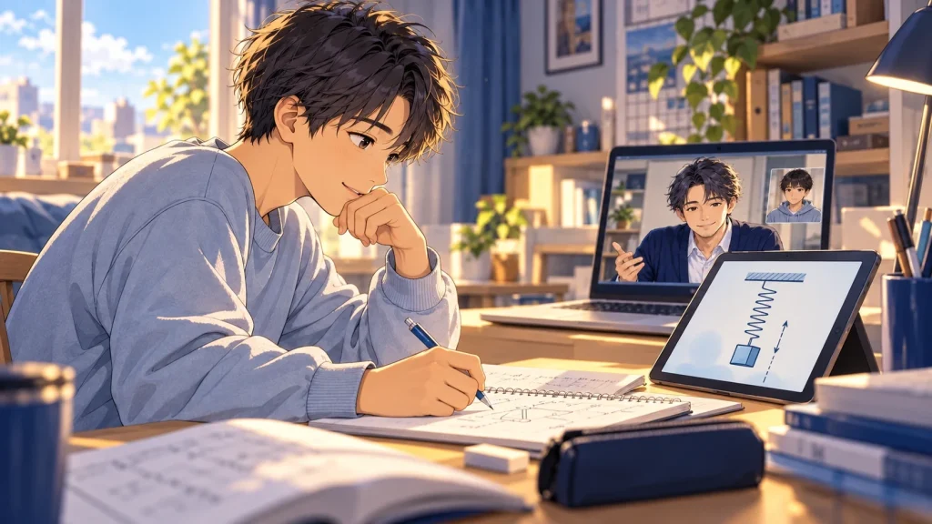先取りの物理授業を受け、考えながらノートを取る高校生のイラスト