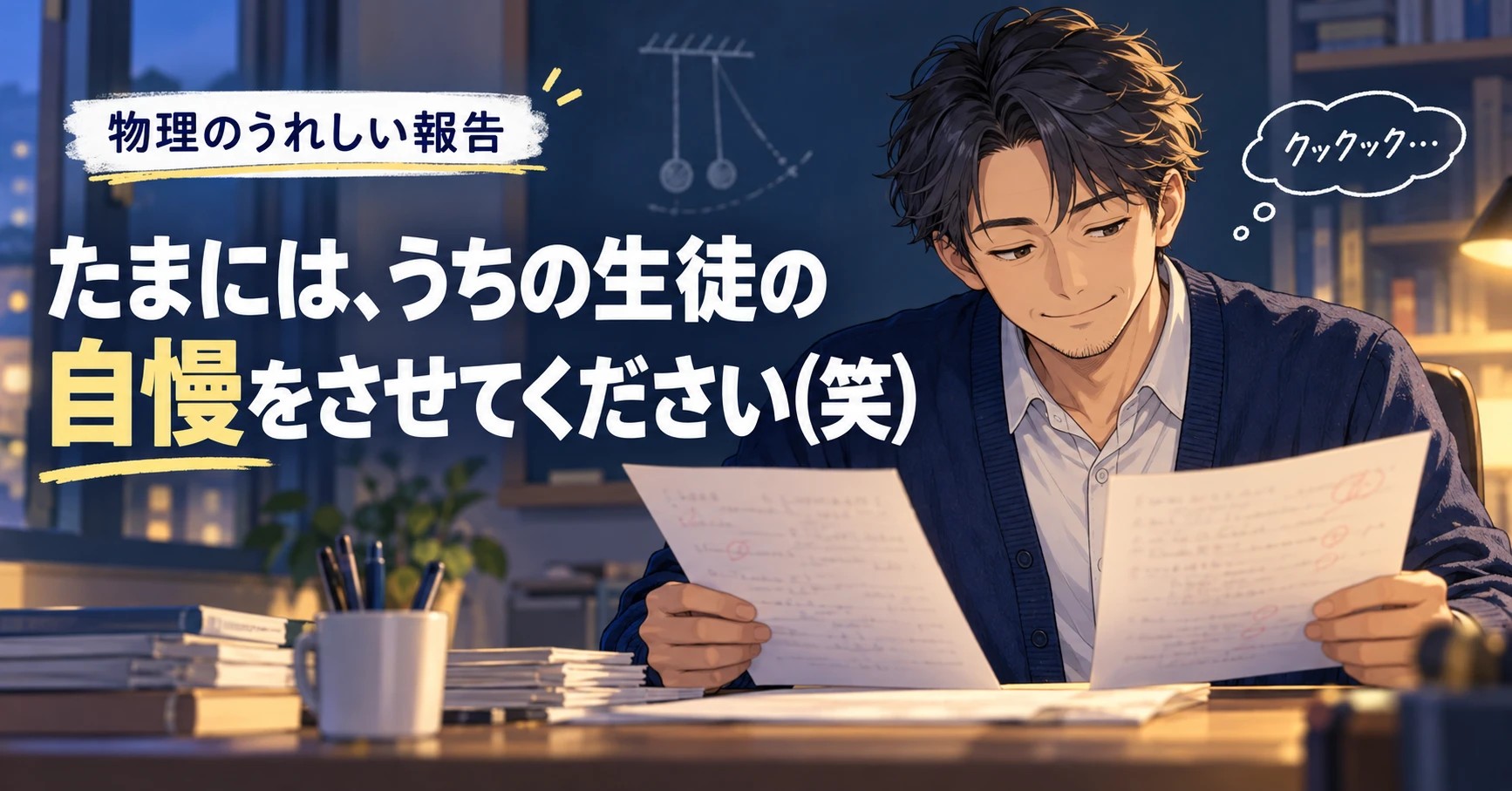 生徒の成績向上の報告を読み、ひそかに喜ぶ物理講師のイラスト