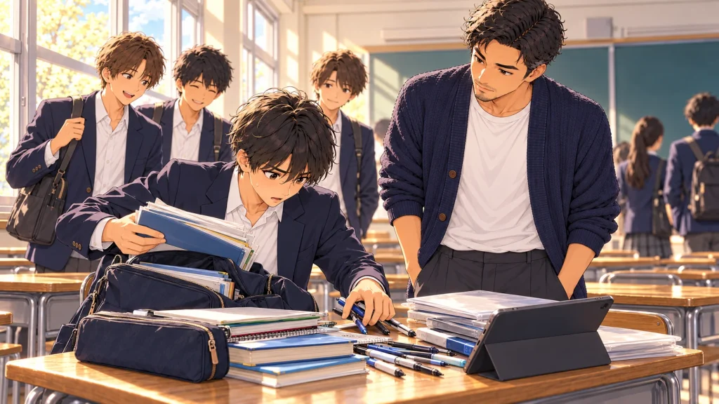 授業後の教室で、机いっぱいのノートや教科書をあわててカバンに詰め込む男子生徒と、後ろで笑う友だち、様子を見る塾長のイラスト
