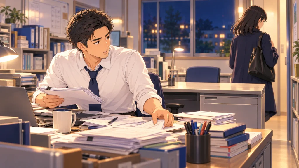 夜の講師室で、書類の山を片付けている若いころの塾長と、もう帰る準備ができている同僚のイラスト