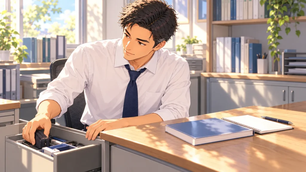 使わない物を引き出しにしまい、机の上にはテキストとノートとペンだけを残す塾長のイラスト