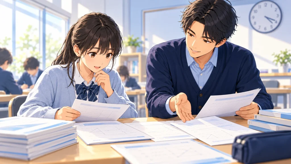 限られた授業時間の中で、今まず確認するプリントを選ぶ先生と生徒のイラスト