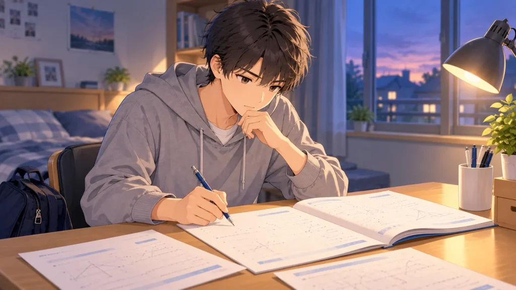 家で一人で問題に取り組み、途中で手が止まってしまう生徒のイラスト