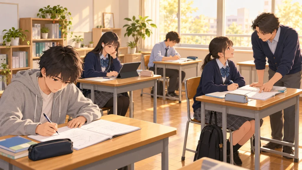 それぞれが自分の課題を進め、困った生徒のところで先生が声をかける教室のイラスト