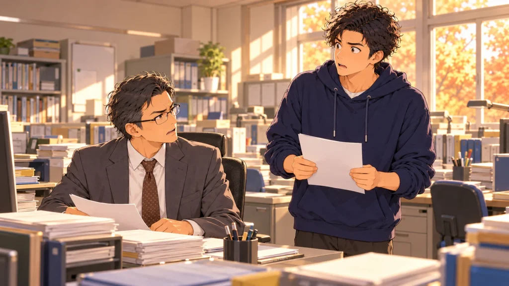 予備校の講師室で、座った数学の講師に「お前は受からない」と言われて固まる浪人生