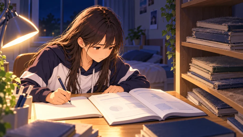 最新のページだけを勉強して、前のノートには手をつけていない高校生