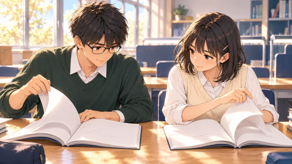 自習室で問題集のページを得意げにめくって先へ進もうとする男子と女子のイラスト