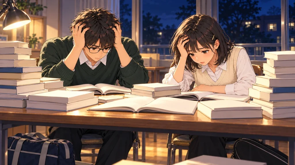 夜の自習室で、山積みの参考書を前に頭を抱える高校3年生の男子と女子のイラスト