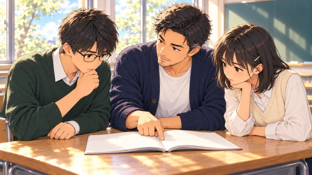 問題集の解説を一行ずつ指でたどる塾長と、途中で止まって考え込む生徒2人のイラスト