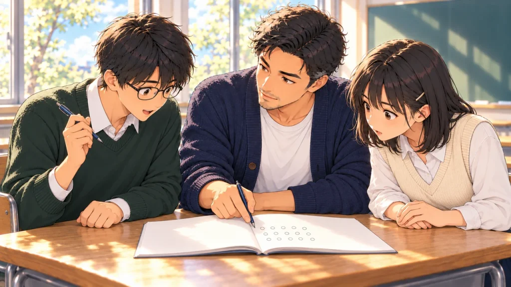 ノートに並べた丸を指して問いかける塾長と、ハッと気づく生徒2人のイラスト