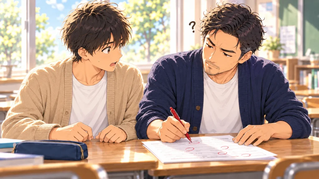 生徒のプリントを丸付けしながら首をかしげる塾長と、あせる生徒のイラスト