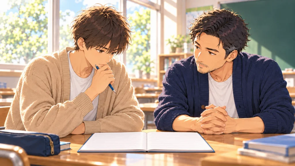 考え込む生徒に、神妙な顔で問いかける塾長のイラスト