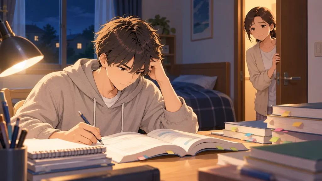 夜、自宅で参考書を開いて勉強する高校生と、心配そうにのぞく母親のイラスト