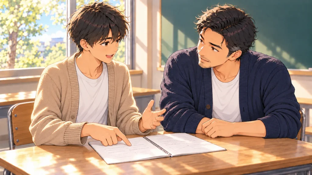 ノートを指さしながら説明する生徒と、感心して聞く塾長のイラスト
