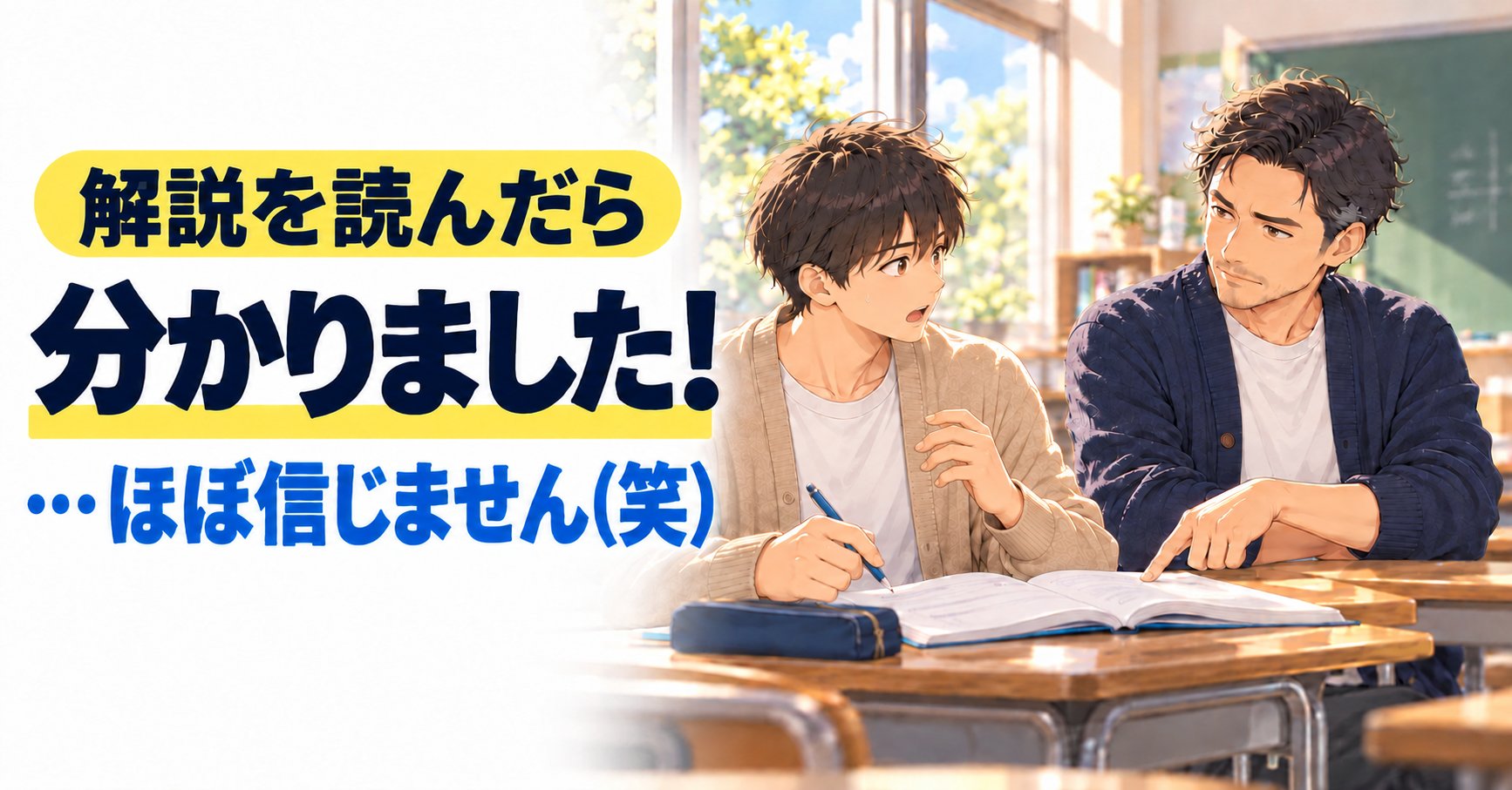 「解説を読んだら分かりました！…ほぼ信じません(笑)」の文字と、参考書を指さして問いかける塾長、驚く生徒のイラスト