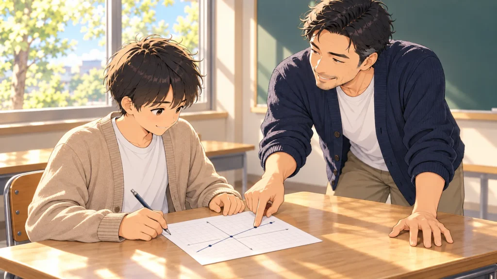 グラフの点を指さす塾長と、答えを探し当てて苦笑いする生徒のイラスト
