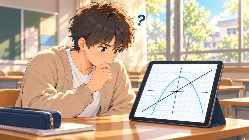タブレットのグラフの交点を見つめて困っている生徒のイラスト