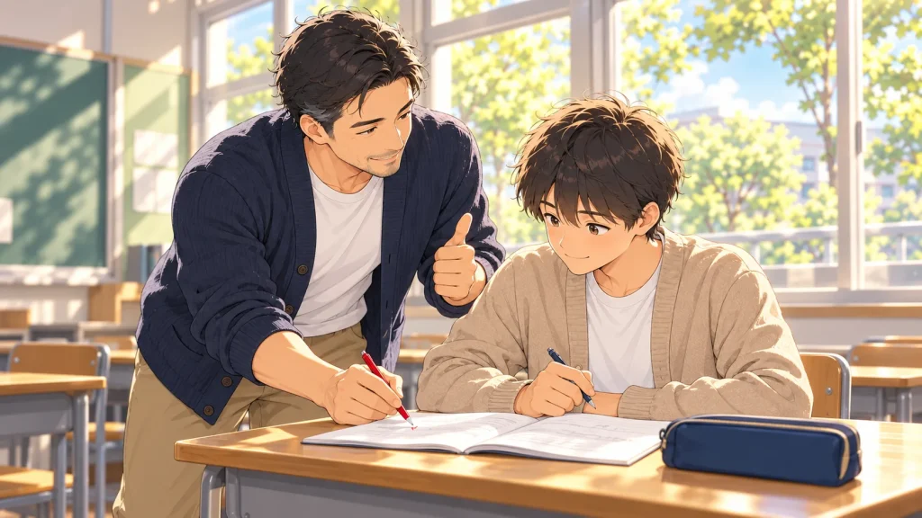 生徒のノートを見て、親指を立てて「考え方はいいよ」と伝える塾長のイラスト