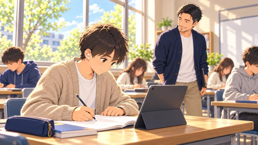 解説動画を見ながら自分で解き直す生徒と、見守る塾長のイラスト