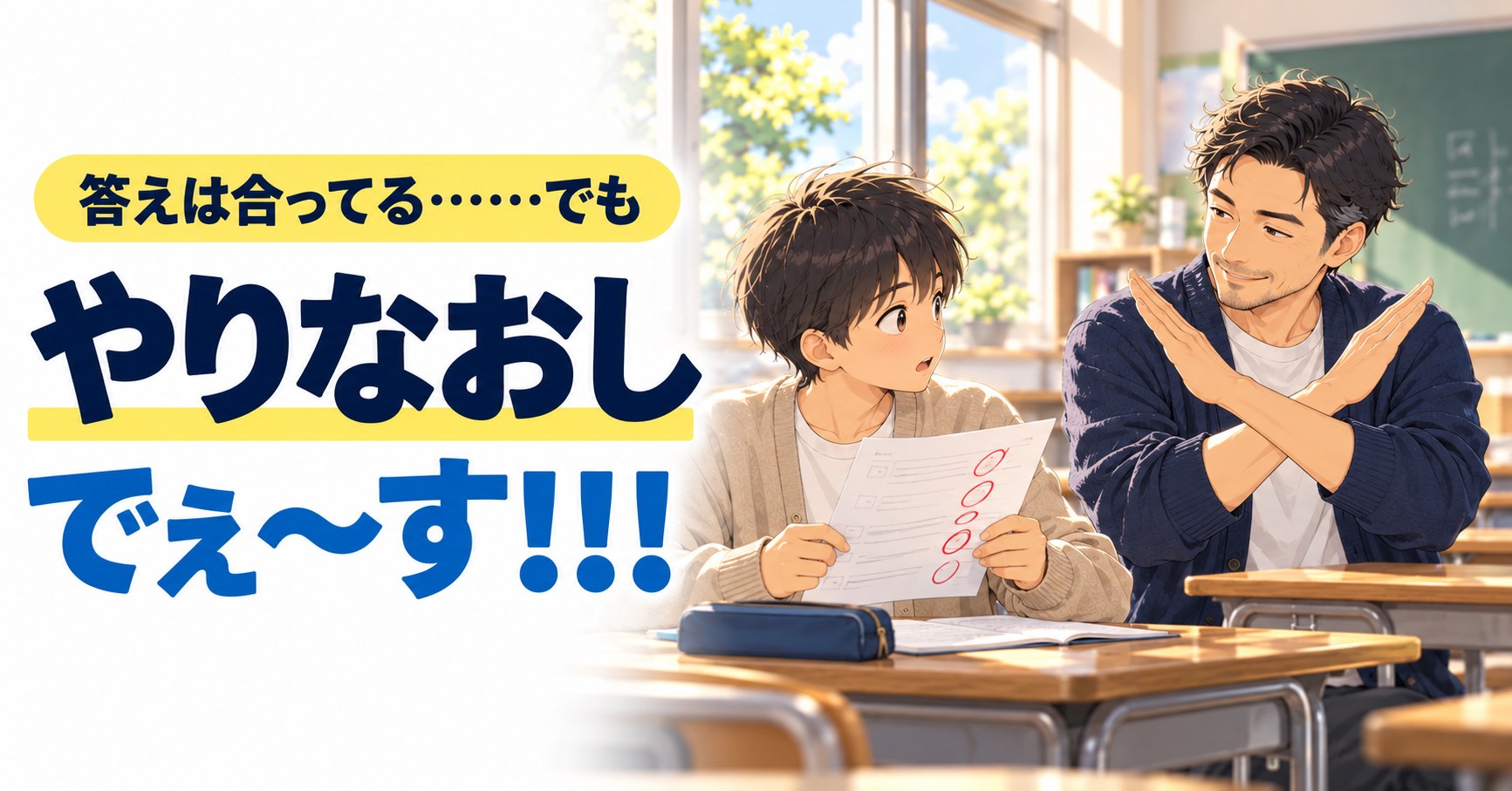 答えは合ってる……でも、やりなおしでぇ～す！！！と腕でバツを作る塾長のイラスト