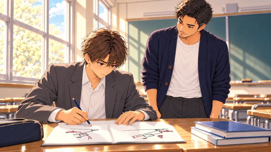 力の図を2つに分けて描き直す生徒と見守る先生